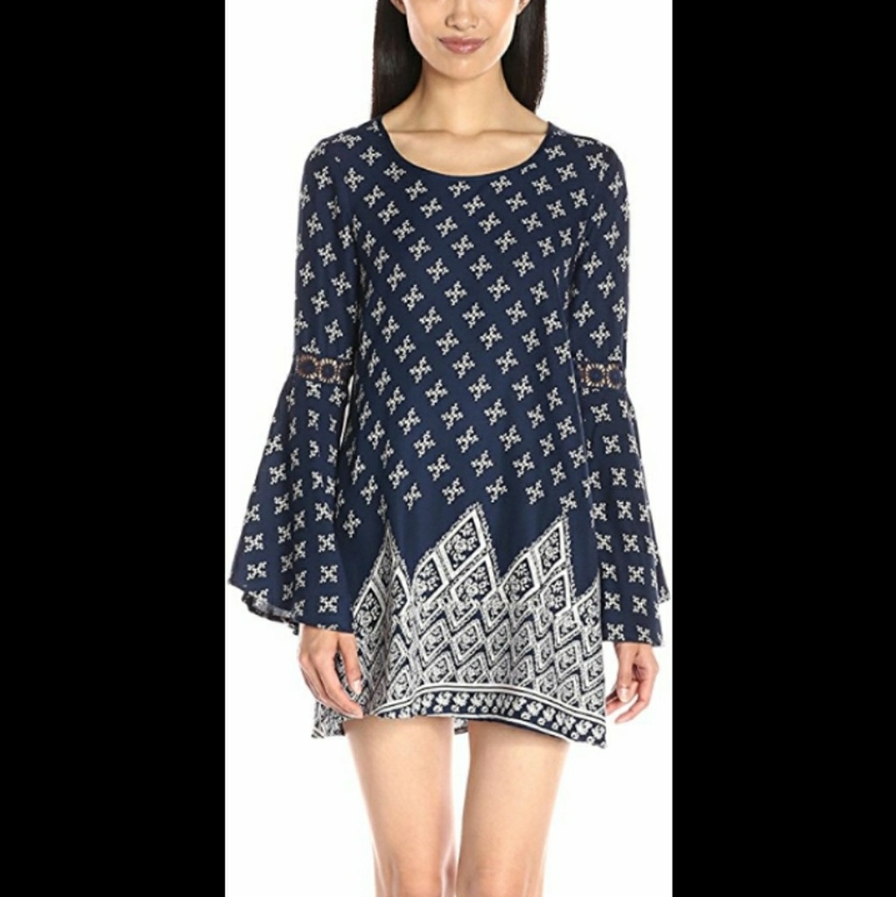 Bell Sleeve Border Print Boho Dress